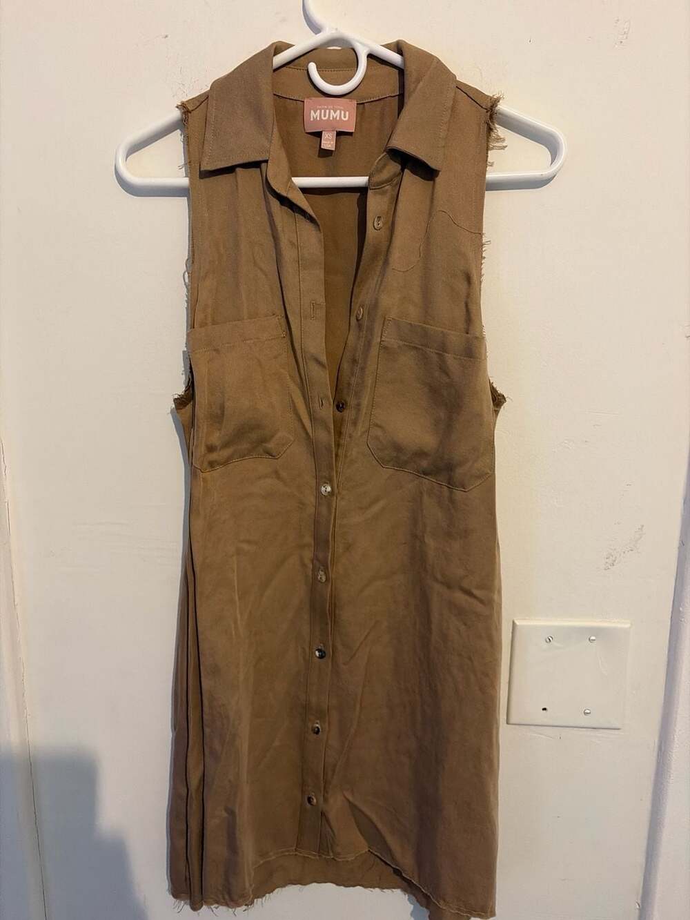 Show Me Your Mumu Farrah Fringe Sleeveless Button Down Dress Tan XS